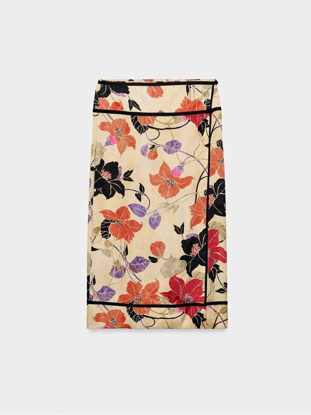 Zara Cream Floral Pencil Skirt with Red, Black & Purple Blooms